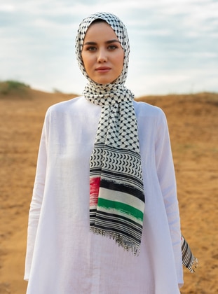 Multi Color - Palestinian Pushi Pattern Long Fringed Pashmina Shawl - Multi Colored - Shawl - Tuva