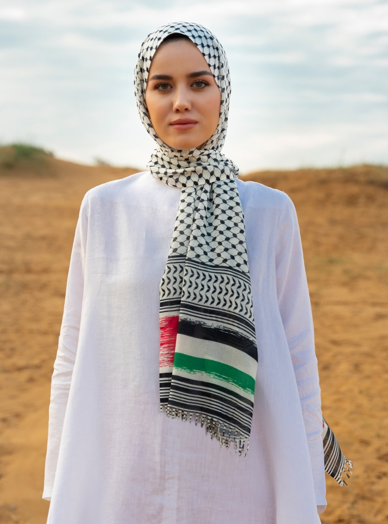 Multi Color - Palestinian Pushi Pattern Long Fringed Pashmina Shawl - Multi  Colored - Shawl