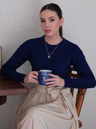 Navy Blue - Crew neck - Knit Sweaters - Ceylan Otantik