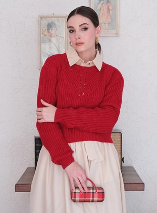 Red - Unlined - Crew neck - Knit Sweaters - Ceylan Otantik