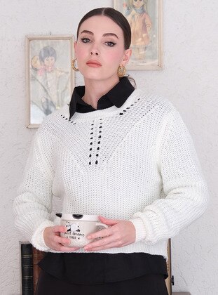 Ecru - Unlined - Crew neck - Knit Sweaters - Ceylan Otantik