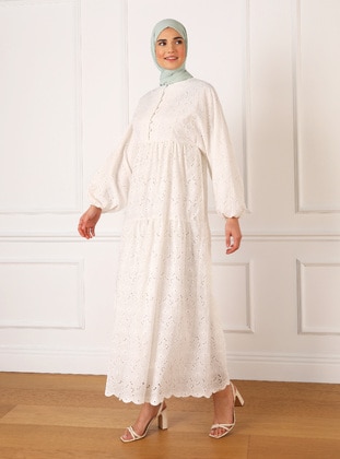 Brit Detaylı Fisto Tesettür Elbise - Off White - Refka