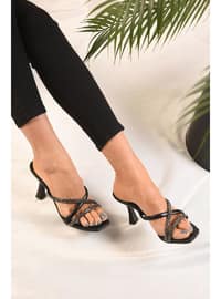 Women's Black Bias Stone Heel Slippers Black