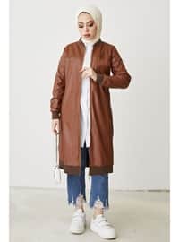 Faux Leather Cape With Ribbed Zipper Brown Coat