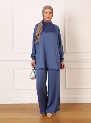Saten Bağlama Detaylı Tunik&Pantolon İkili Takım - Galaxy Blue - Refka