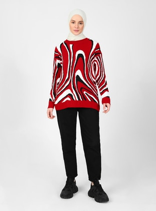 White - Red - Unlined - Crew neck - Knit Sweaters - Threeco