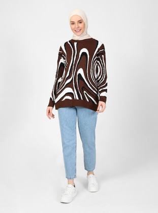 Brown - Unlined - Crew neck - Knit Sweaters - Threeco