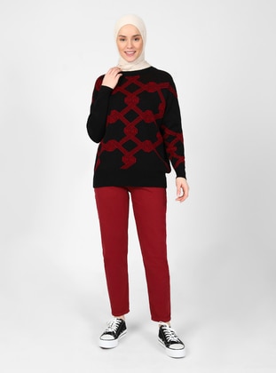 Black - Red - Unlined - Crew neck - Knit Sweaters - Threeco