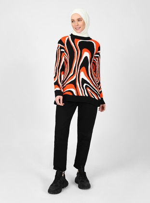 Black - Orange - Unlined - Crew neck - Knit Sweaters - Threeco