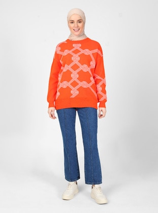 Orange - Unlined - Crew neck - Knit Sweaters - Threeco