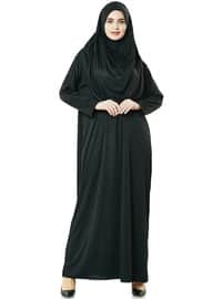 Siyah Namaz Elbisesi - Kabe Motifli Seccade ve Tesbih - İbadet Seti Siyah