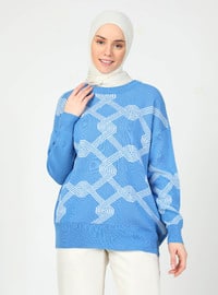 Blue - Unlined - Crew neck - Knit Sweaters