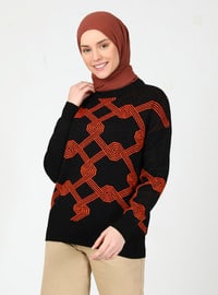 Black - Orange - Unlined - Crew neck - Knit Sweaters