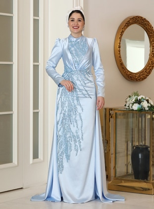 Baby Blue - Fully Lined - Crew neck - Modest Evening Dress - Burak Baran Fashion