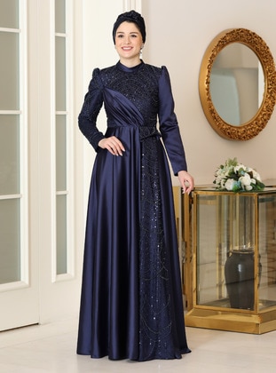 Navy Blue - Fully Lined - Crew neck - Modest Evening Dress - Burak Baran Fashion