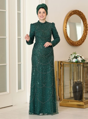 Green - Fully Lined - Crew neck - Modest Evening Dress - Burak Baran Fashion