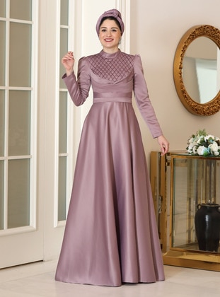 Lilac - Fully Lined - Crew neck - Modest Evening Dress - Burak Baran Fashion