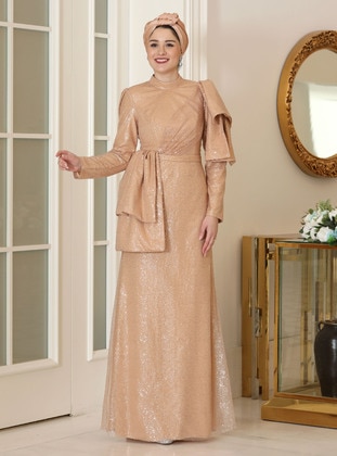 Gold color - Fully Lined - Crew neck - Modest Evening Dress - Burak Baran Fashion