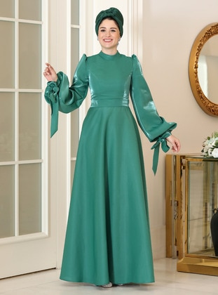 Green - Fully Lined - Crew neck - Modest Evening Dress - Burak Baran Fashion
