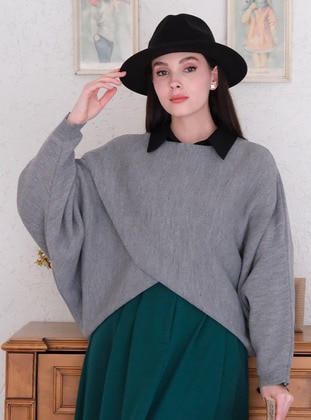 Grey - Unlined - Knit Sweaters - Ceylan Otantik