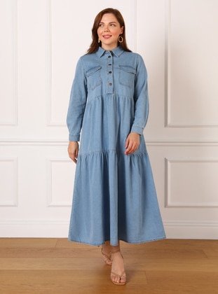 Büyük Beden Katlı Kot Elbise - Mavi - Alia