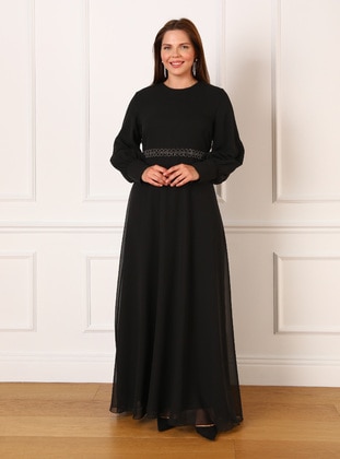 Büyük Beden Taş Detaylı Balon Kol Abiye Elbise - Siyah - Alia