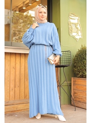 Blue - Knit Dresses - Bestenur