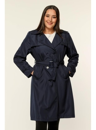 Navy Blue - Plus Size Trench coat - Jamila