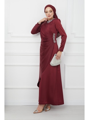Burgundy - Fully Lined - Modest Evening Dress - İmaj Butik