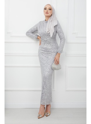 Grey - Fully Lined - Modest Evening Dress - İmaj Butik