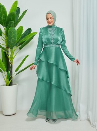 Green - Fully Lined - Crew neck - 500gr - Modest Evening Dress - Moda Echer