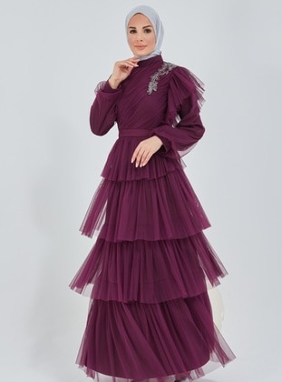 Tulle Hijab Evening Dress With Lace Layered Skirt 7666 Purple