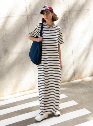 Navy Blue Striped - Modest Dress - Benin
