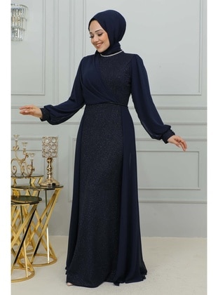 Navy Blue - Fully Lined - Plus Size Evening Dress - İmaj Butik
