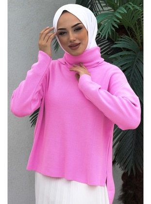 Pink Women's Turtleneck Front Short Back Long Slits Sweater Pullover