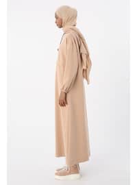 Ecru - Hooded collar - Modest Dress