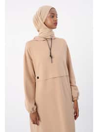 Ecru - Hooded collar - Modest Dress