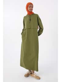 Green - Hooded collar - Modest Dress