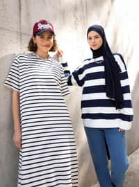 Navy Blue Striped - Modest Dress