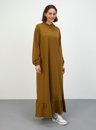 Etek Ucu Fırfırlı Tesettür Elbise - Zeytin Yeşili- Benin
