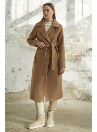 Camel - Fully Lined - Double-Breasted - Coat - InStyle