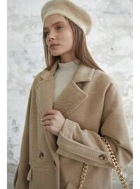 Beige Patterned - Fully Lined - Double-Breasted - Coat