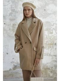 Beige Patterned - Fully Lined - Double-Breasted - Coat