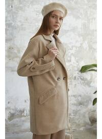 Beige Patterned - Fully Lined - Double-Breasted - Coat