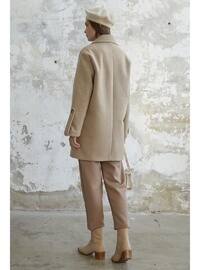 Beige Patterned - Fully Lined - Double-Breasted - Coat