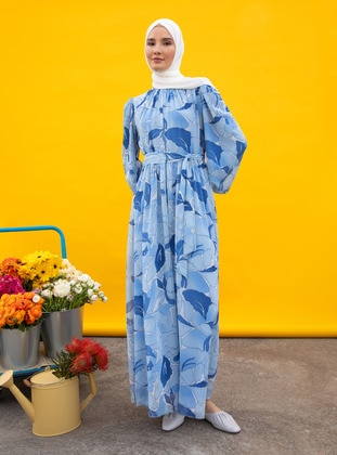 Çiçek Desenli Astarlı Şifon Tesettür Elbise - Mavi - Refka