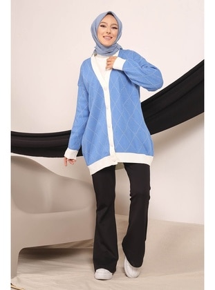 Blue Women's Modest Button Down Patterned Hijab Sweater Cardigan