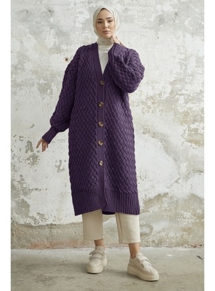 Purple - Unlined - Knit Cardigan - InStyle