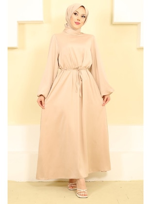 Beige - Fully Lined - Modest Evening Dress - İmaj Butik