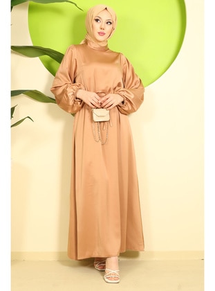 Camel - Fully Lined - Modest Evening Dress - İmaj Butik